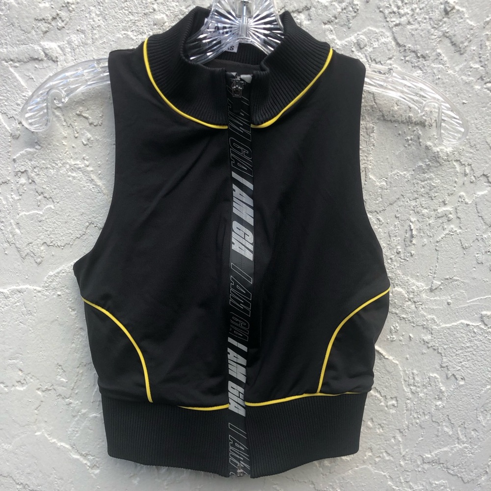 I AM GIA Black Yellow Sleeveless Full Zip Tank Crop Top Size XS